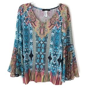 VTG Coco Bianco Semi Sheer Blouse Slit flowy Bell Sleeves 70s Era California